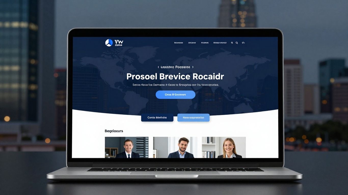 Professional website on a laptop with a cityscape background.
