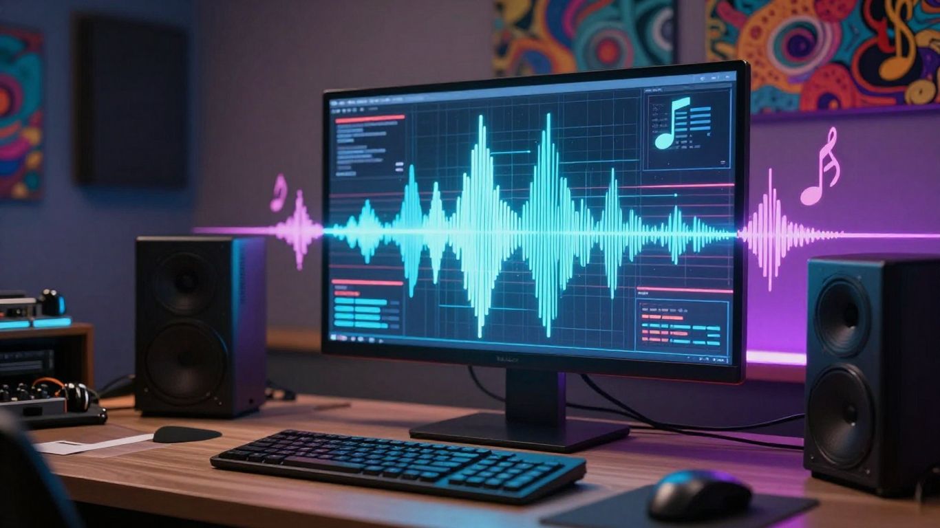 AI music creation studio with glowing sound waves.