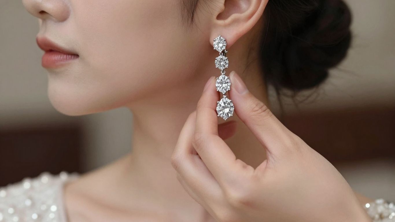 Sparkling bridal earrings held by a bride.