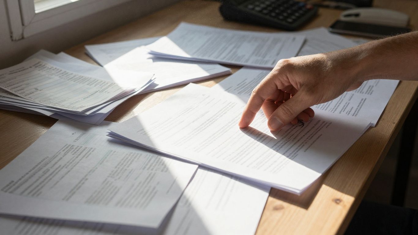 Verstreute Dokumente auf einem Schreibtisch, die auf fehlende Aufbewahrung hinweisen.