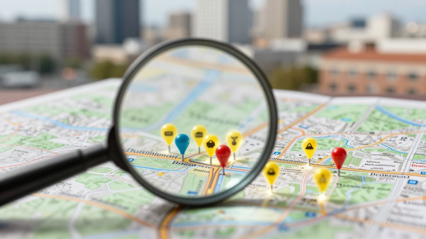 Local map with pins and magnifying glass.