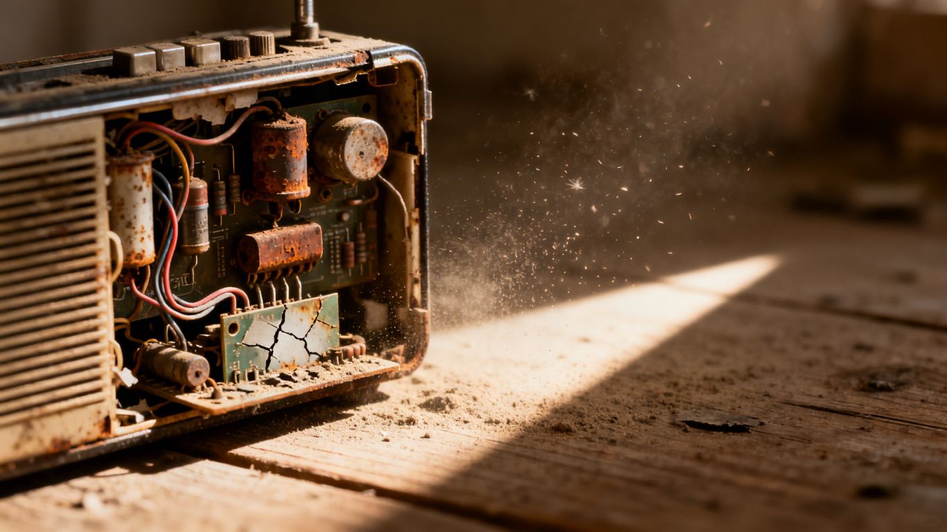 Broken vintage radio with exposed internal components.