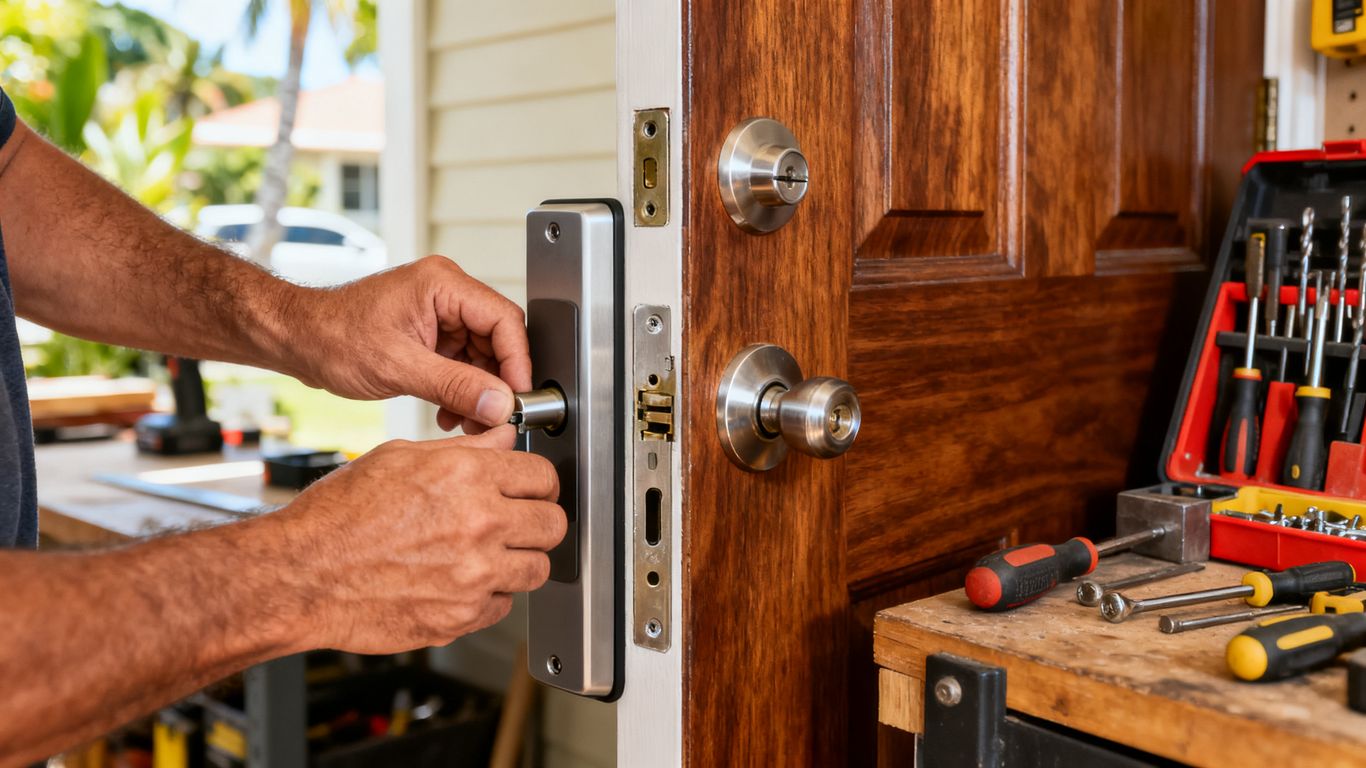 Locksmith aligning hardware on a Honolulu door