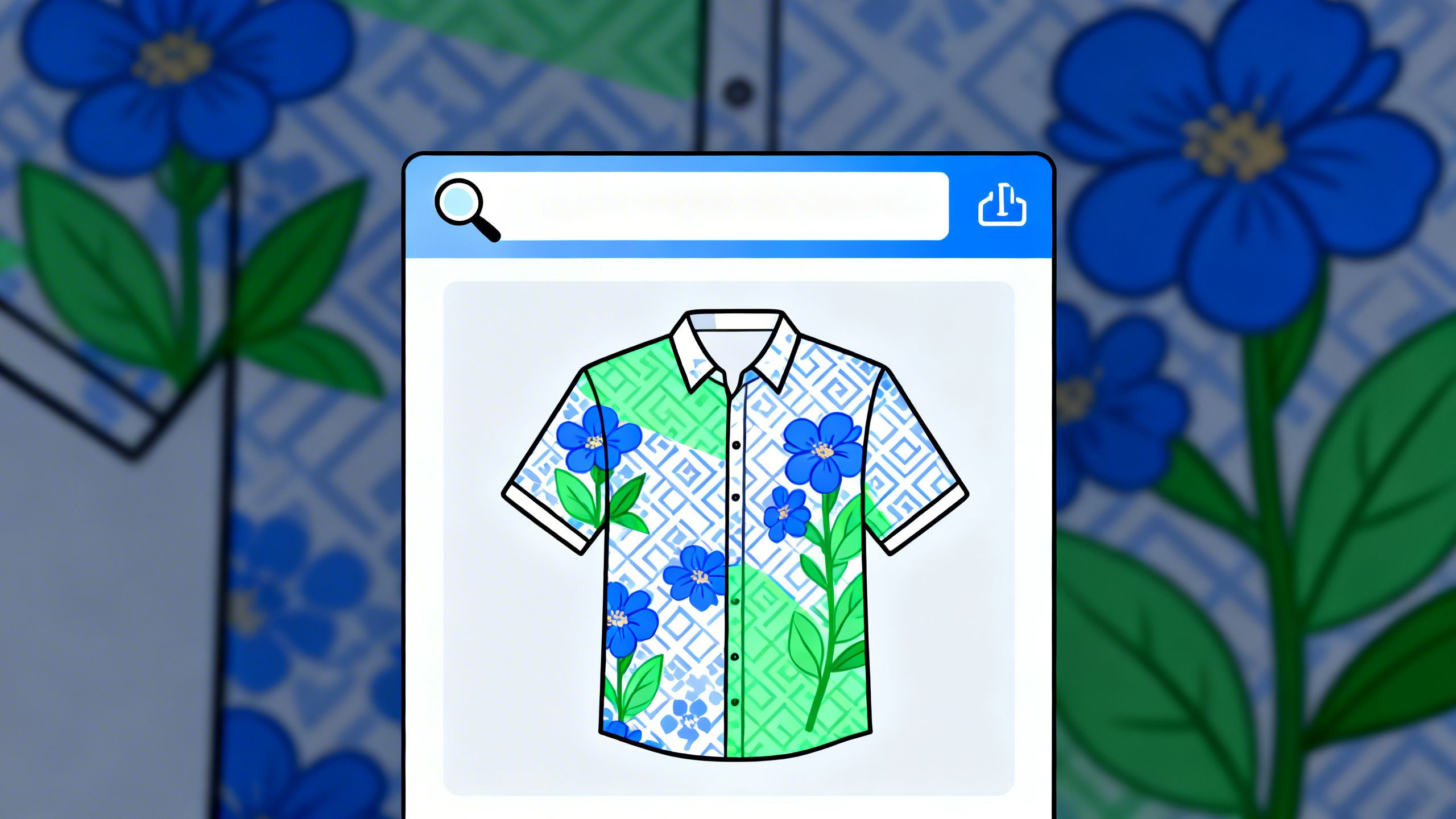 An illustration of an eCommerce search bar with an image icon, showing visual search results for a specific pattern on a shirt, demonstrating the power of AI image segmentation.