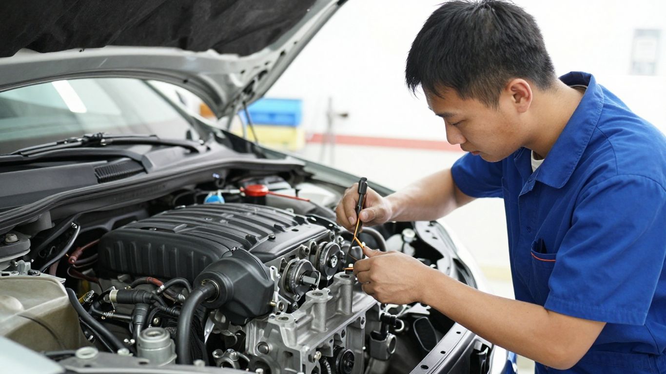 Skilled technician inspecting engine parts