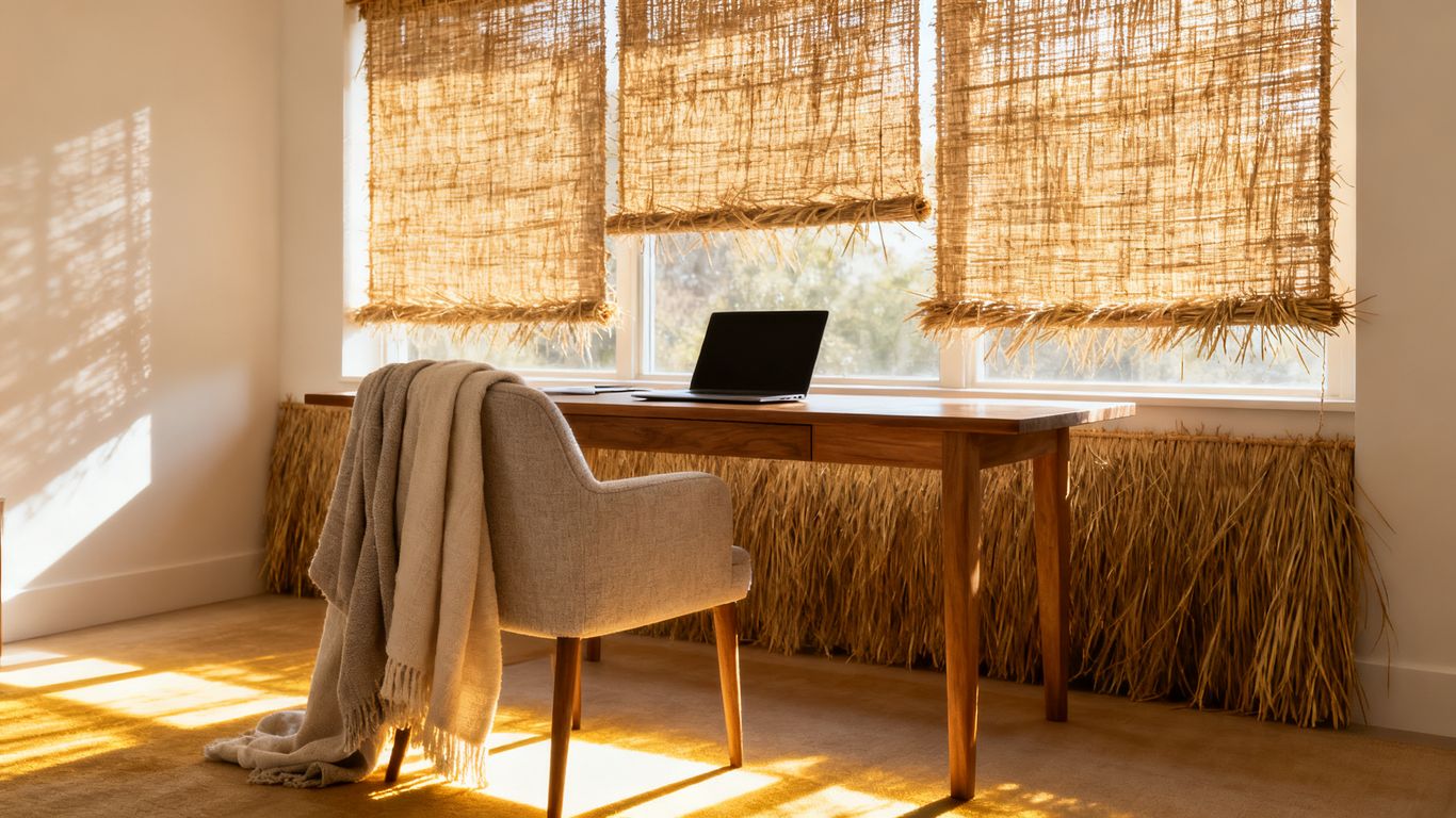Woven shades filtering warm afternoon sunlight