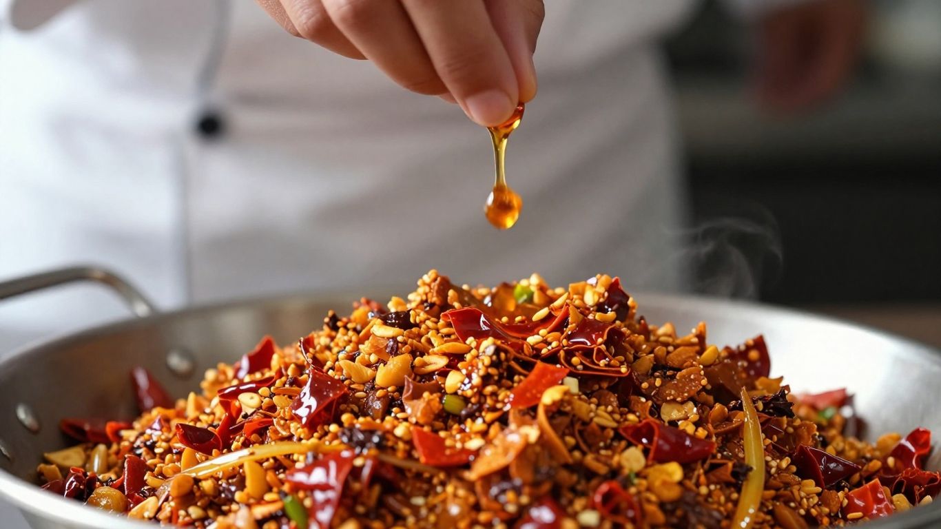 Chef adding chili crunch to a gourmet dish.