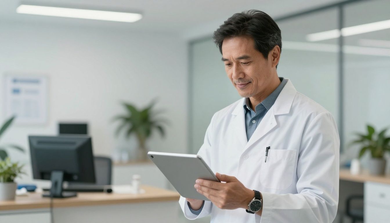 A confident man in his 40s standing in a modern, professional medical office, looking at a digital tablet with a health provider, representing a focus on personalized men's health and hormonal optimization.