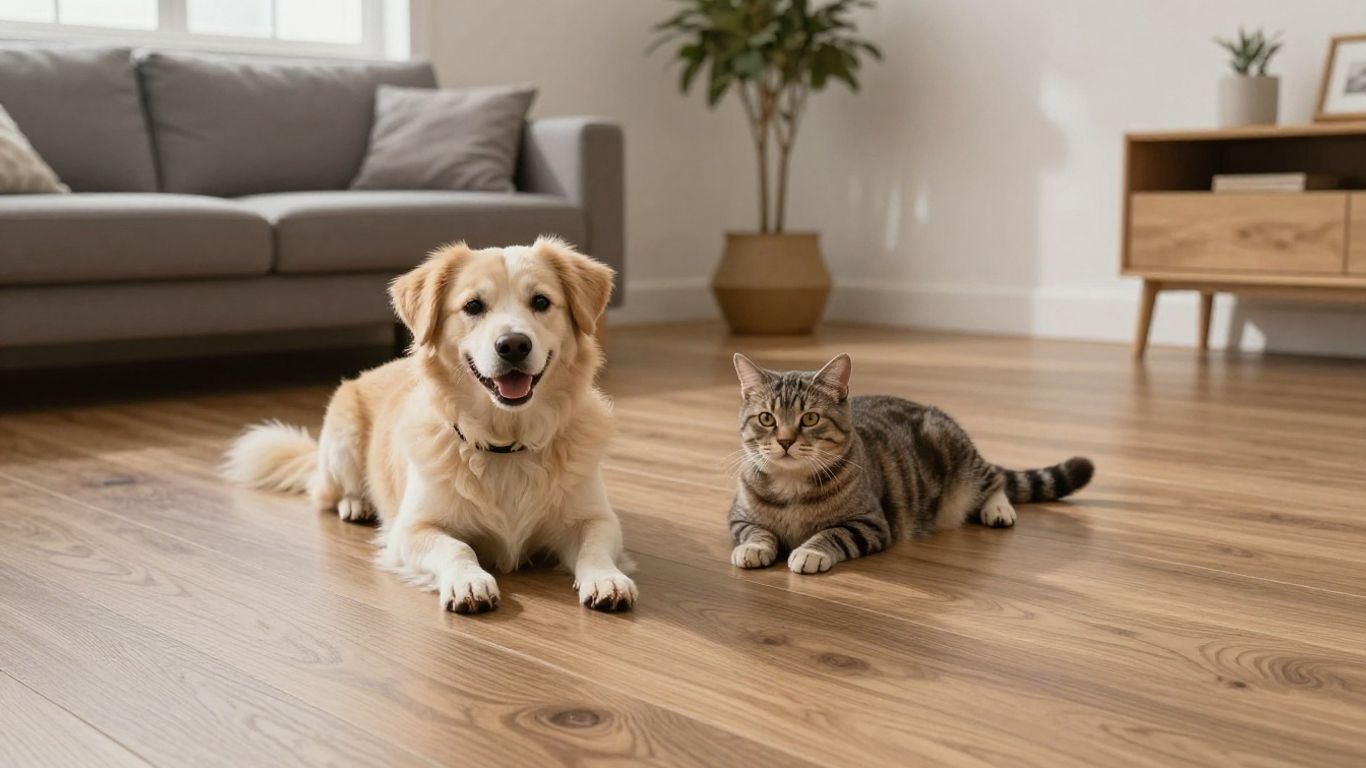 Dog and cat on durable, wood-look vinyl plank flooring.