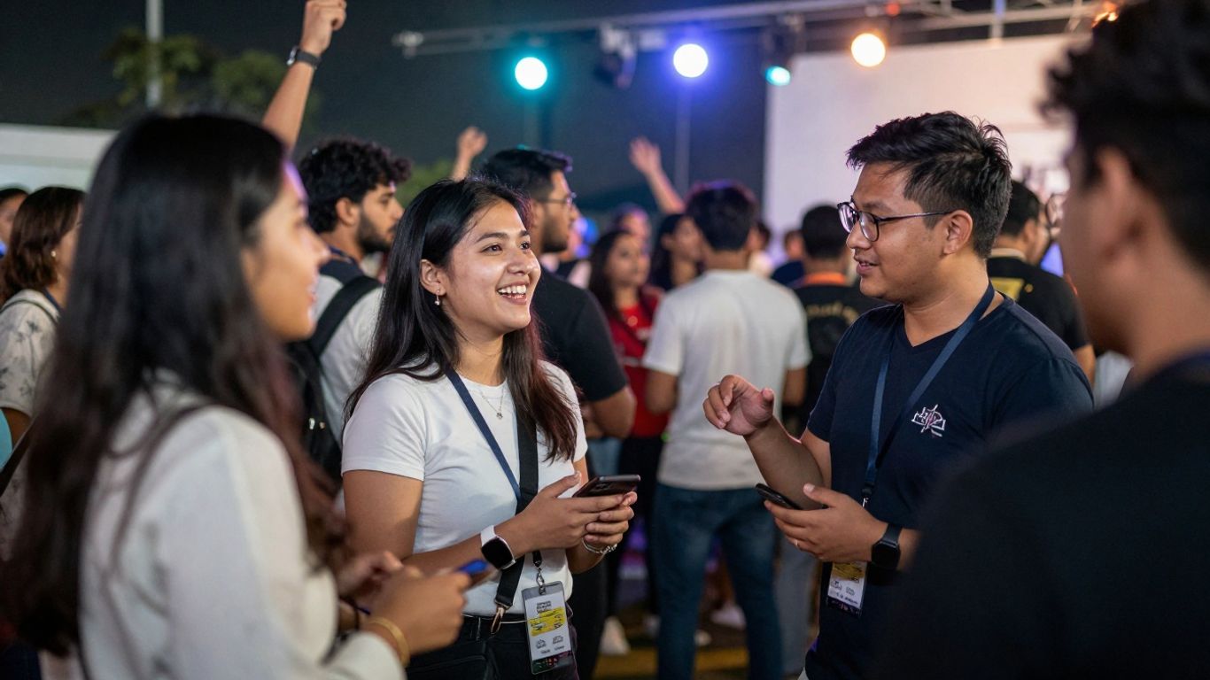 bHIP company event with people interacting and bright lights.