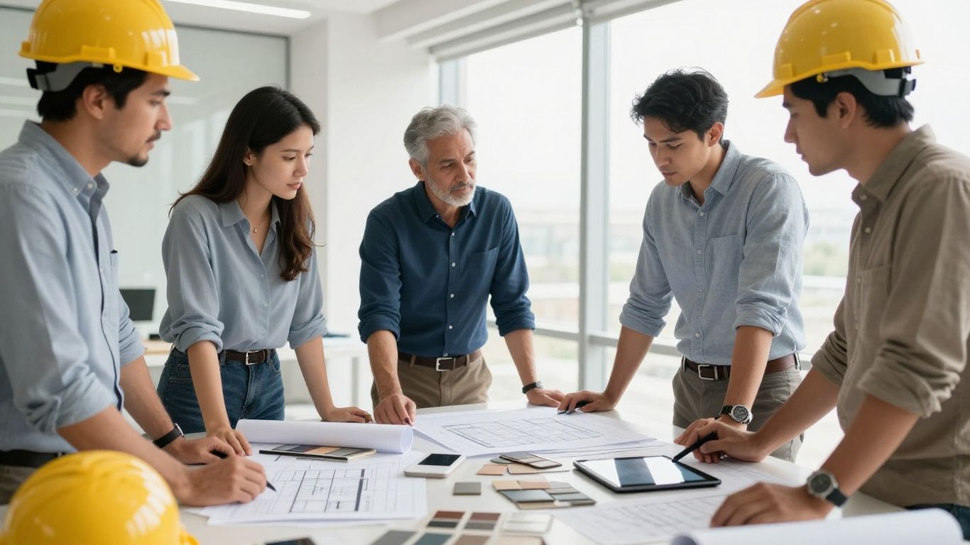 Project planning meeting with construction drawings