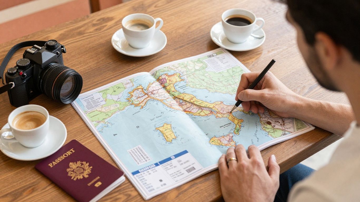 A couple studying an Italy map beside luggage