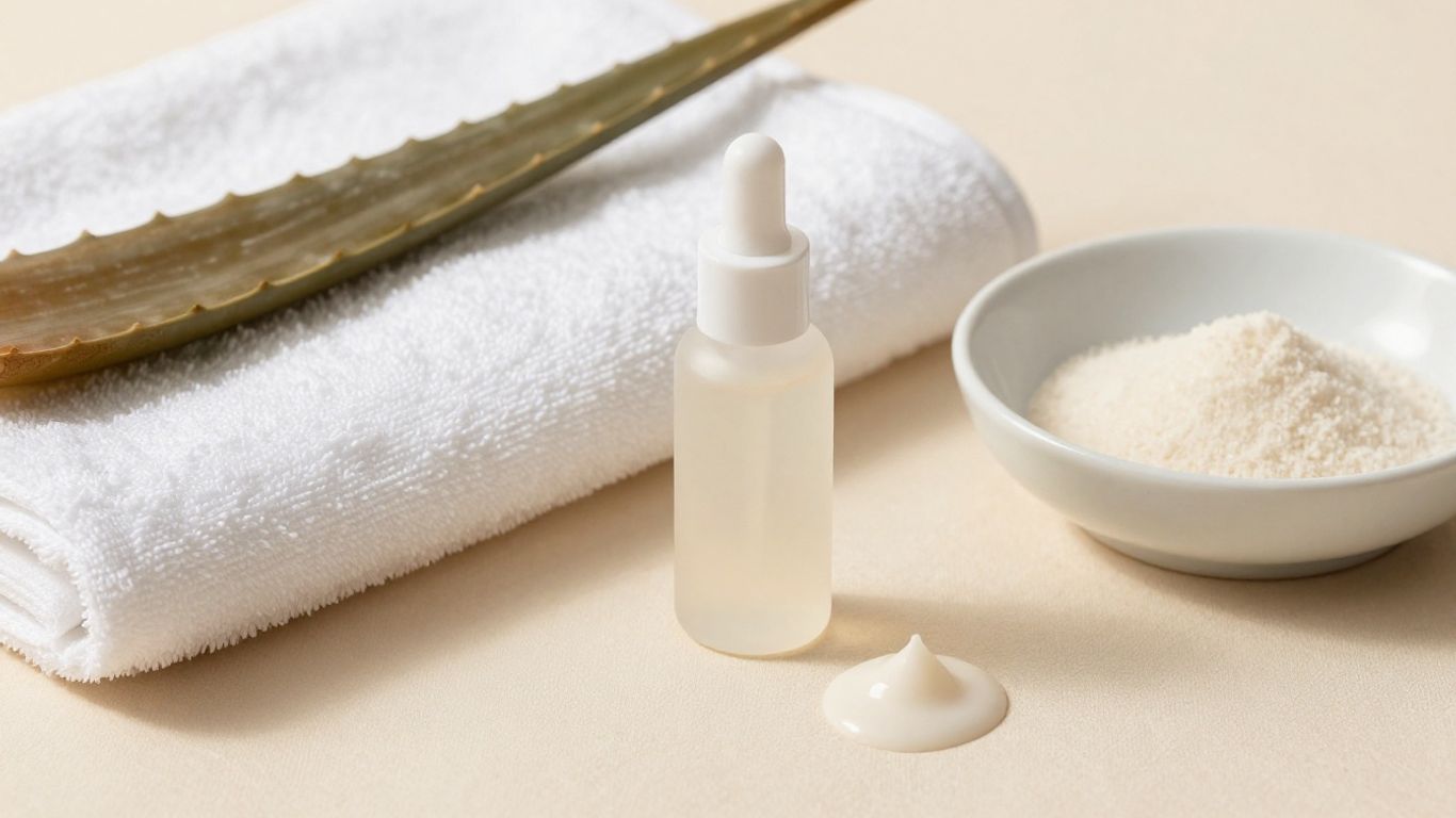 Minimal personal lubricant bottle with aloe and soft towels