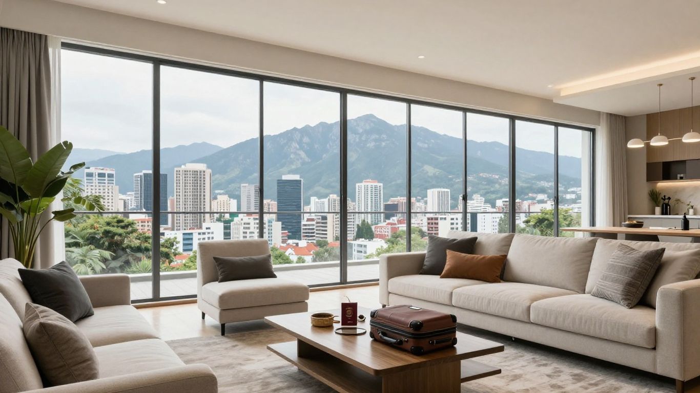 Modern living room with city skyline and travel gear