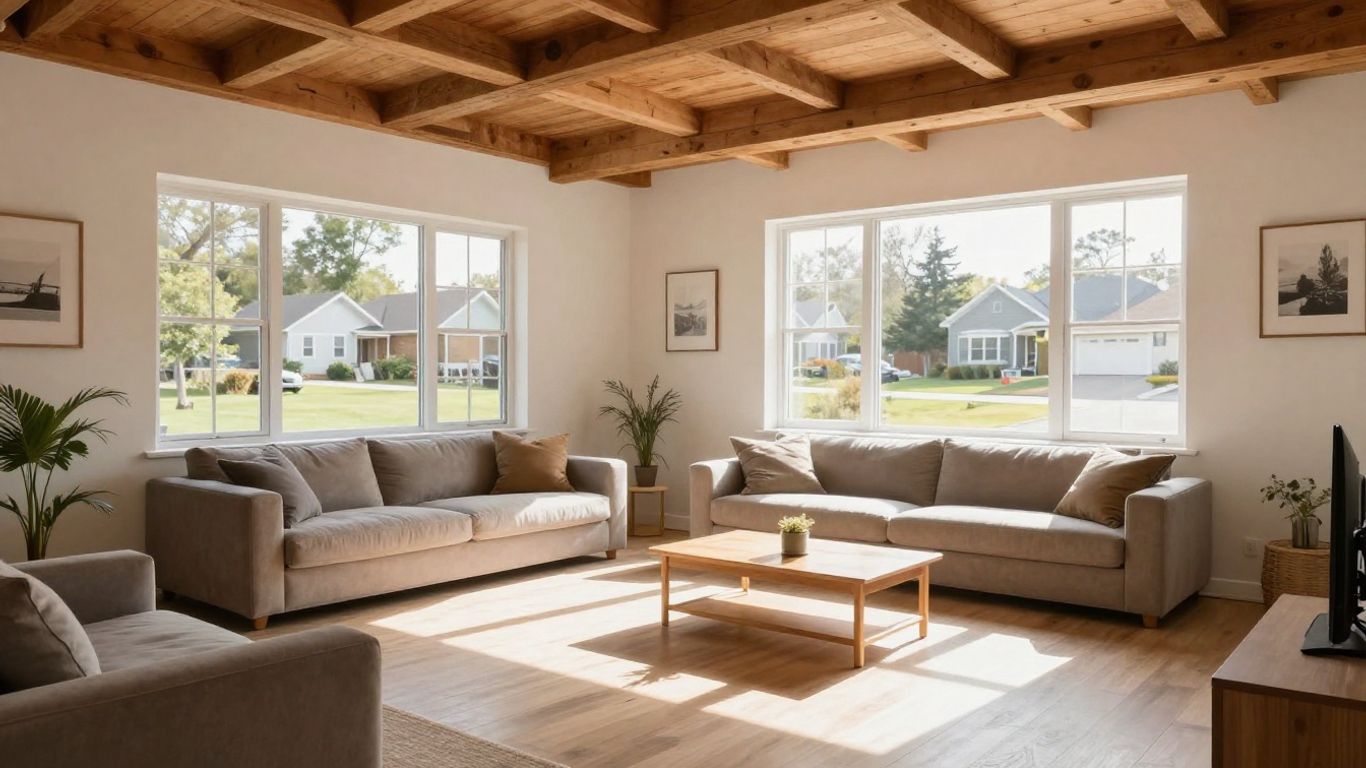 Renovated attic with exposed beams and natural light.