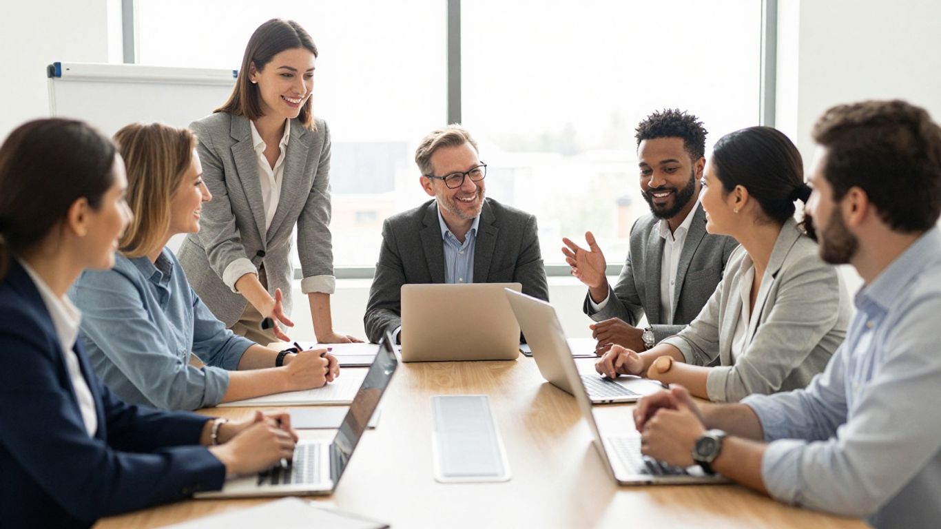 People in a business meeting, smiling and collaborating.