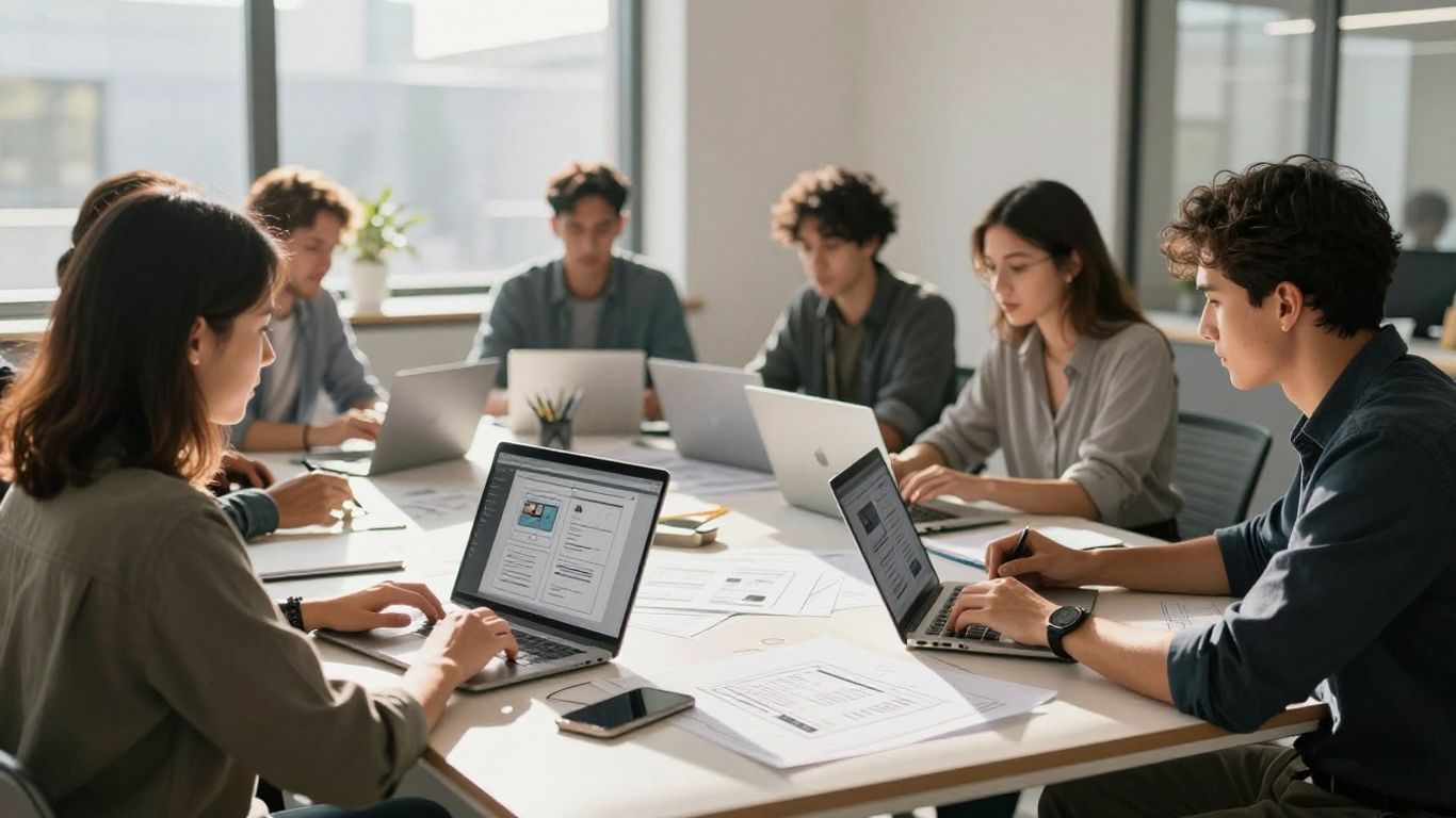 Business professionals collaborating on e-commerce web development.