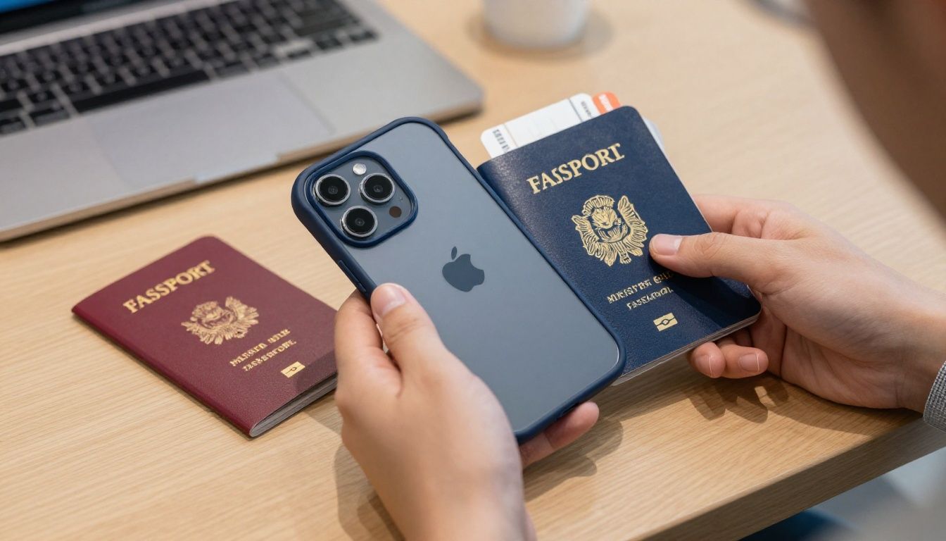 A person's hands holding an iPhone 15 Pro Max in a sleek, dark blue protective case, with a passport and a boarding pass visible on the airport lounge table beside it.