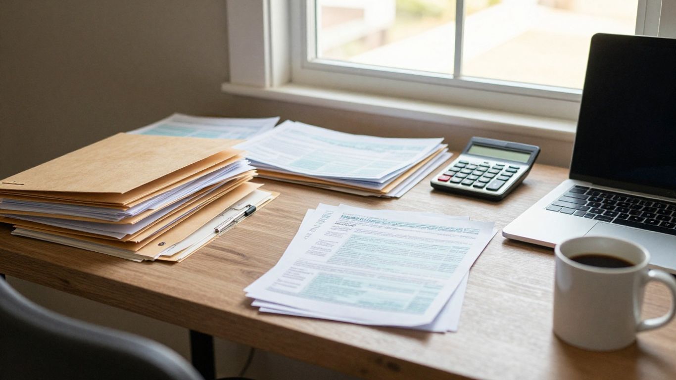 Organized mortgage documents beside laptop