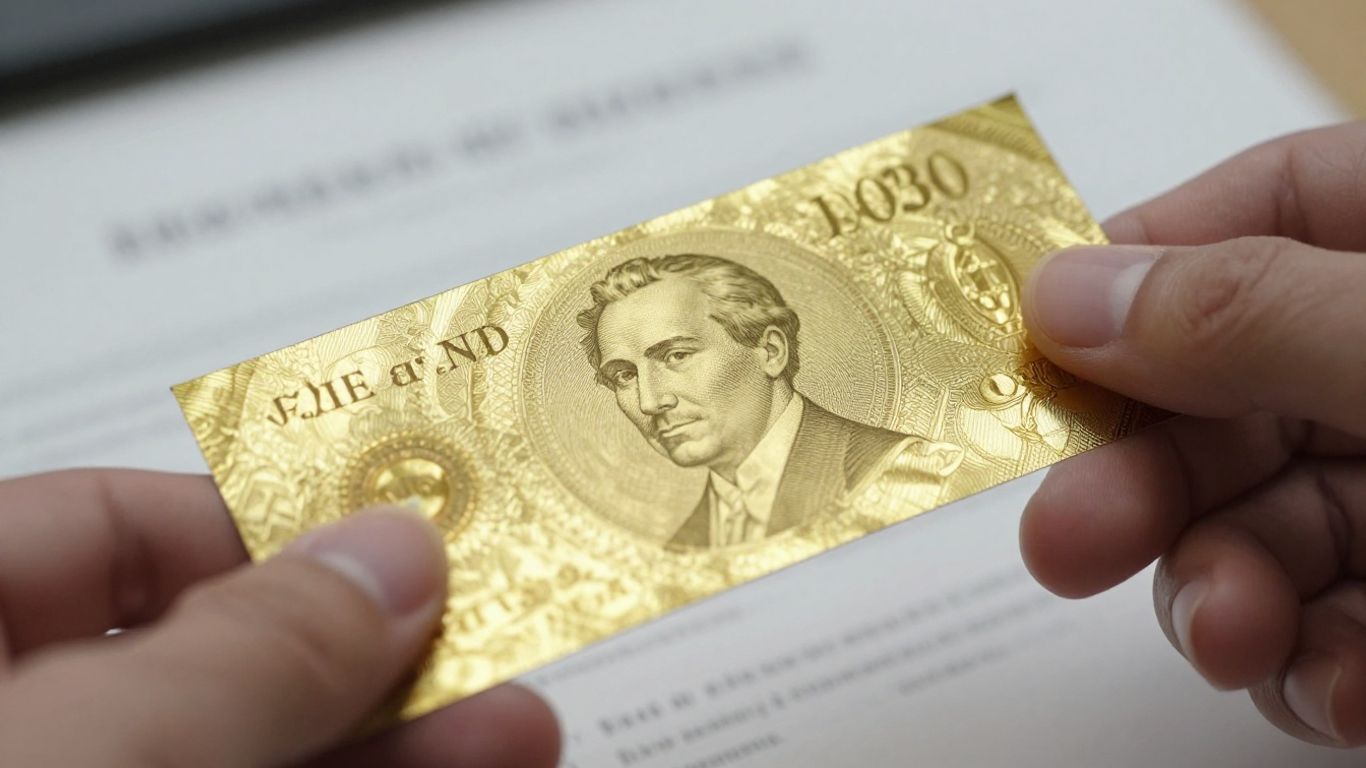 Close-up of a gold bond certificate held in a hand.