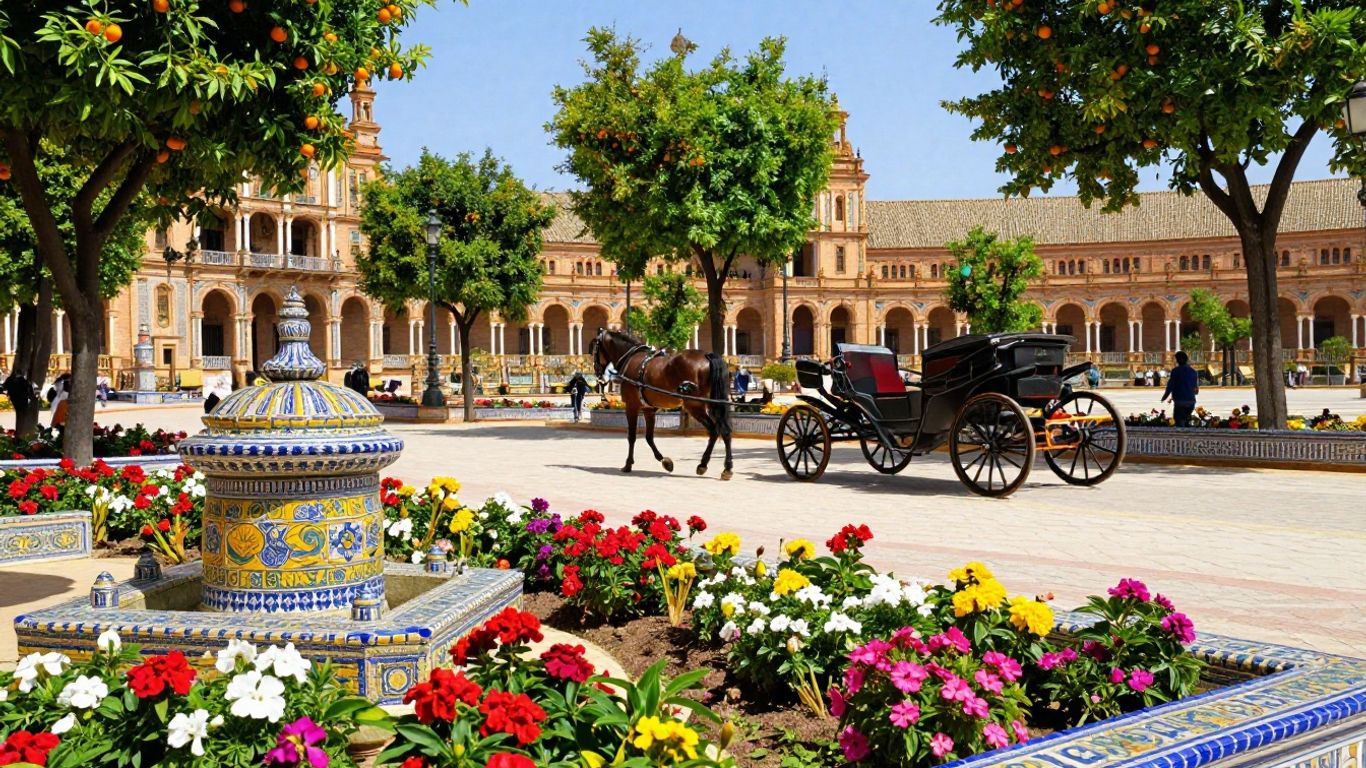 Seville plaza with Moorish architecture and orange trees