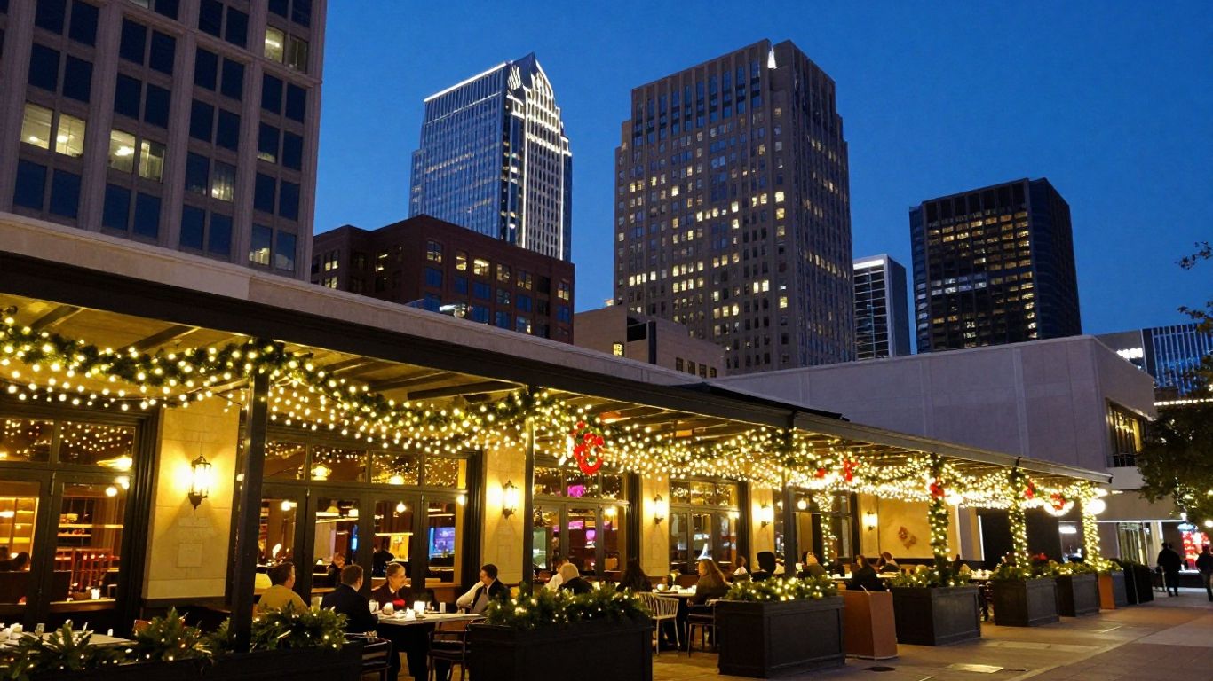 Dallas skyline with festive holiday decorations at dusk.