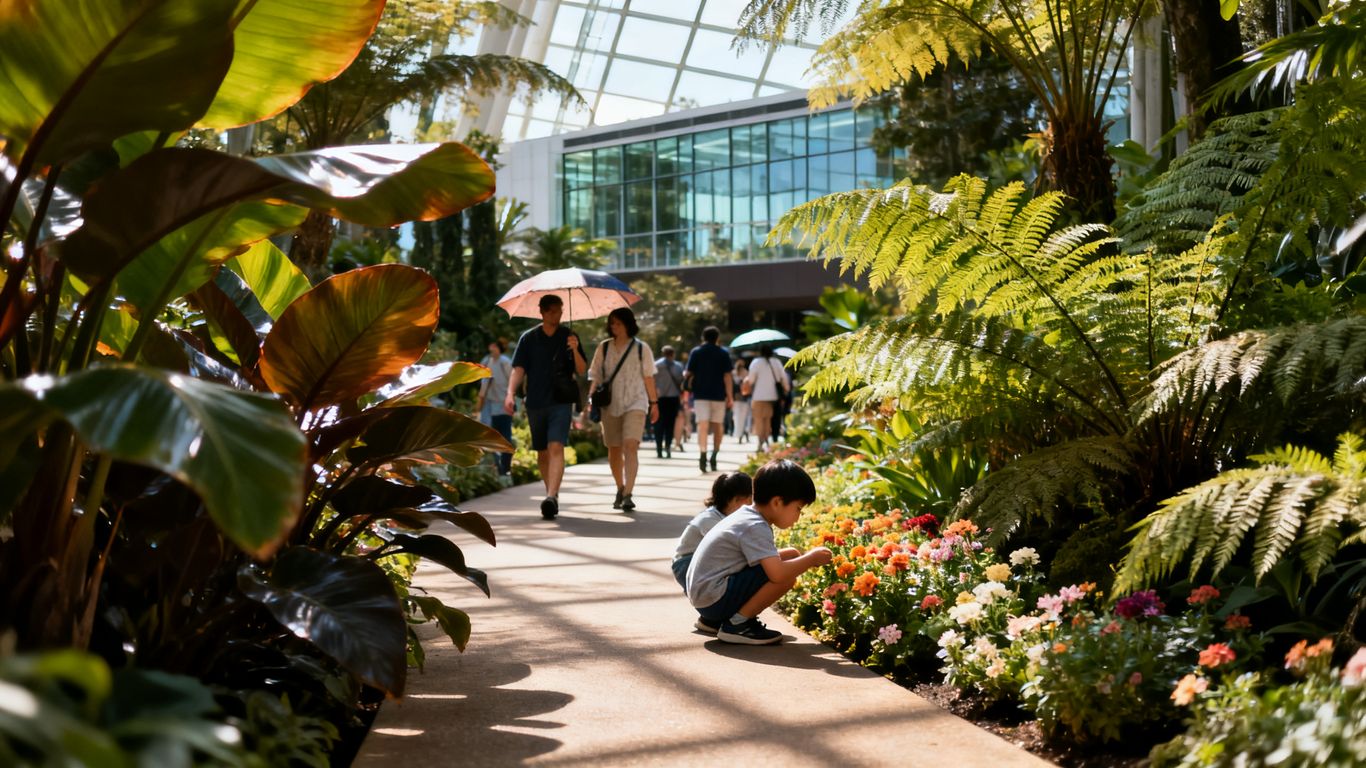 Tropical garden paths with families walking