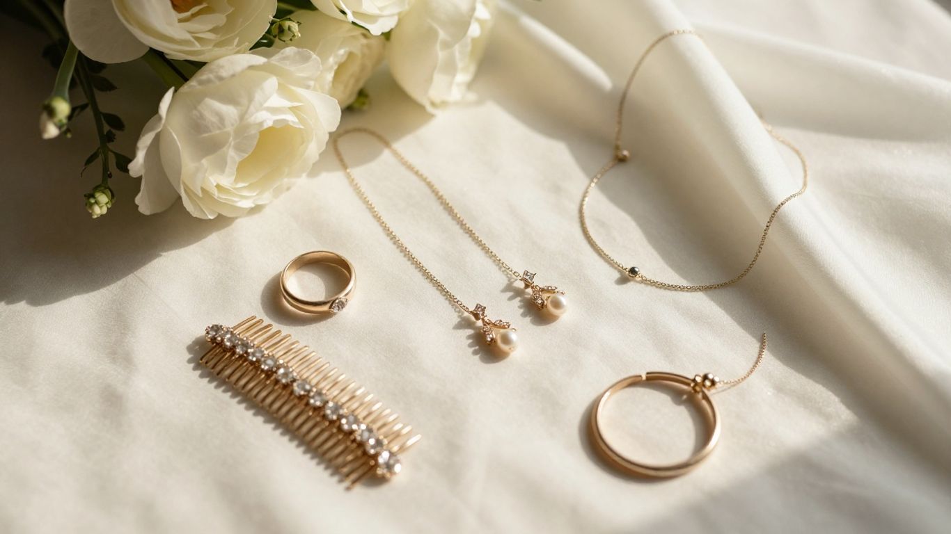 Bridal jewellery pieces arranged beside wedding attire