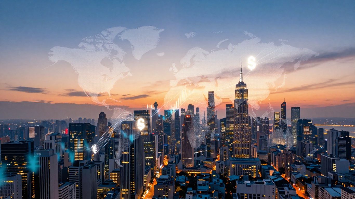 Global financial markets with currency symbols and trade lines.