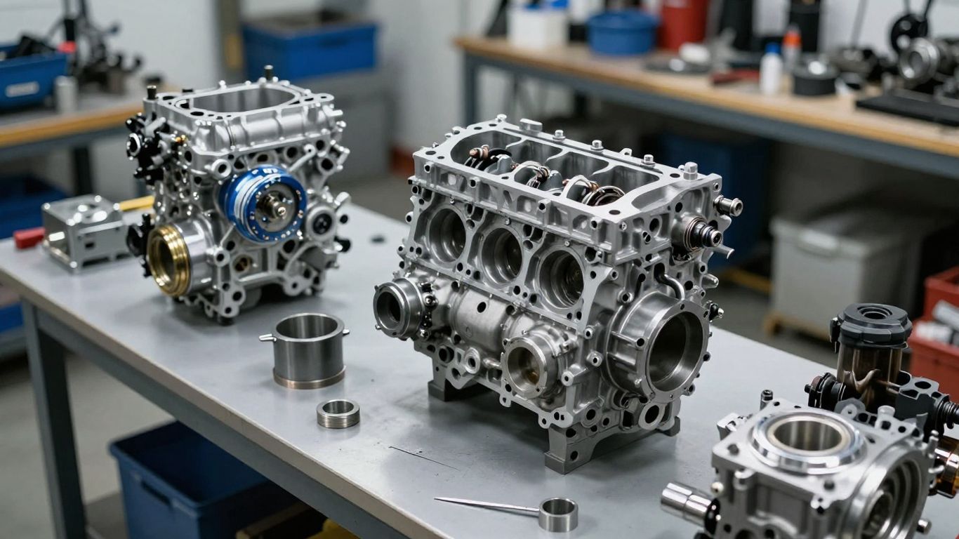 Subaru engine parts in a workshop