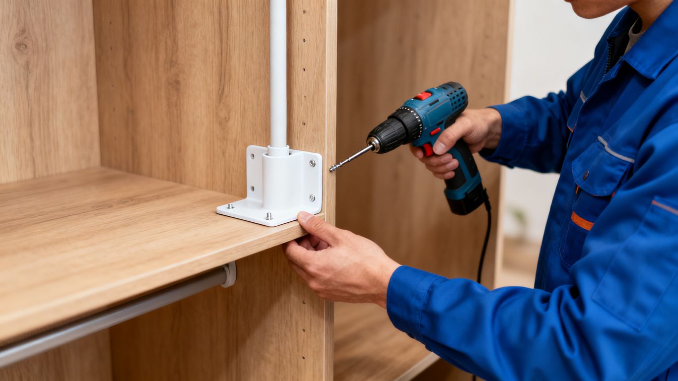 A technician installing a heating rod in a wardrobe