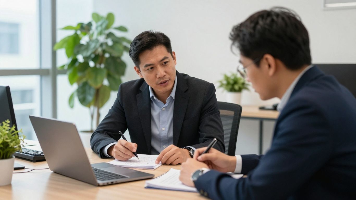 Employee coaching session with collaborative workspace