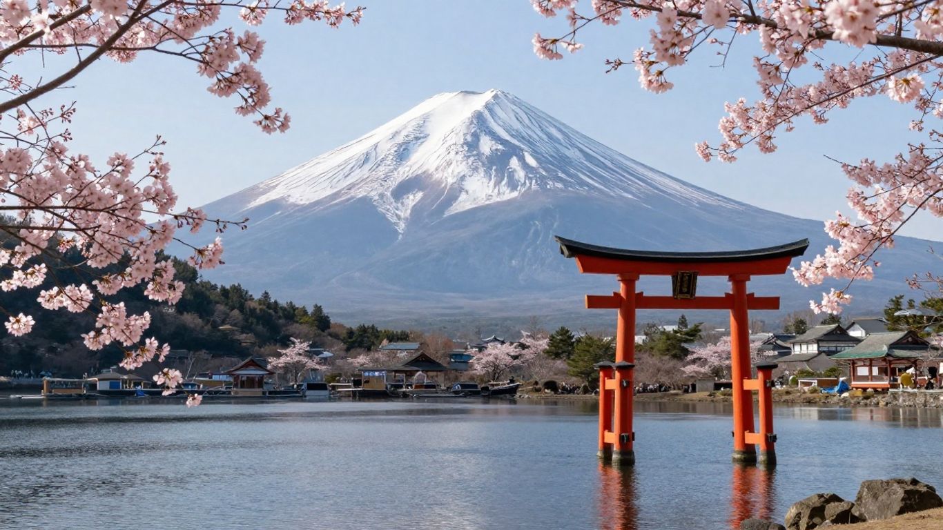 Mount Fuji with cherry blossoms and torii gate.
