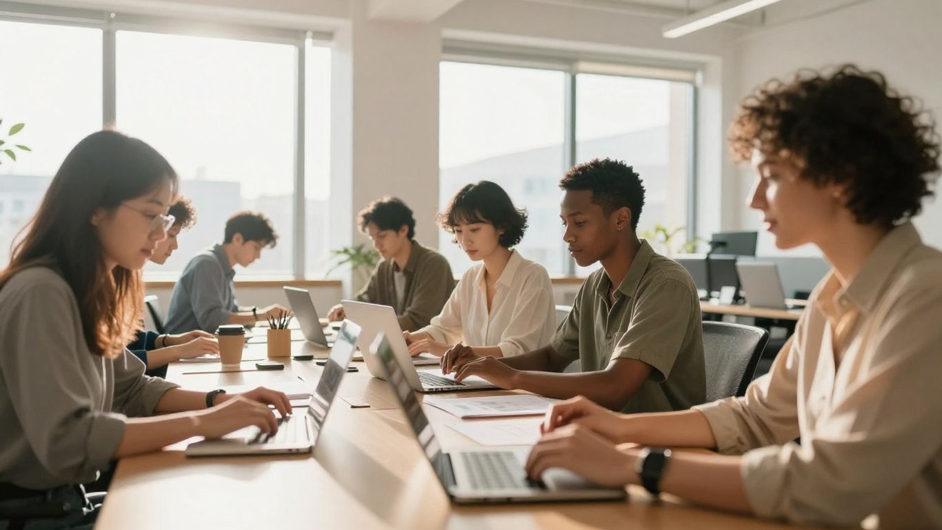 A diverse group of professionals working in a calm, focused environment