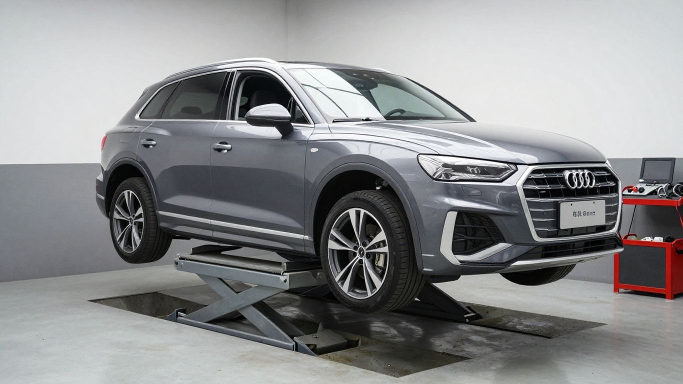 Audi vehicle on workshop lift showing suspension geometry
