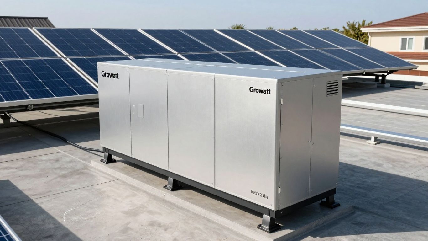 Growatt battery unit beside solar panels on a rooftop.