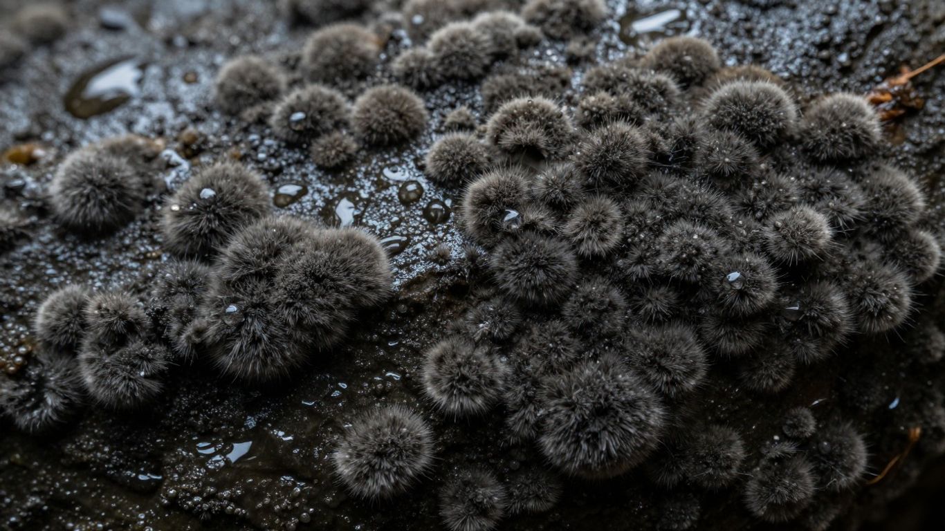Mold growth on a damp surface with water droplets.