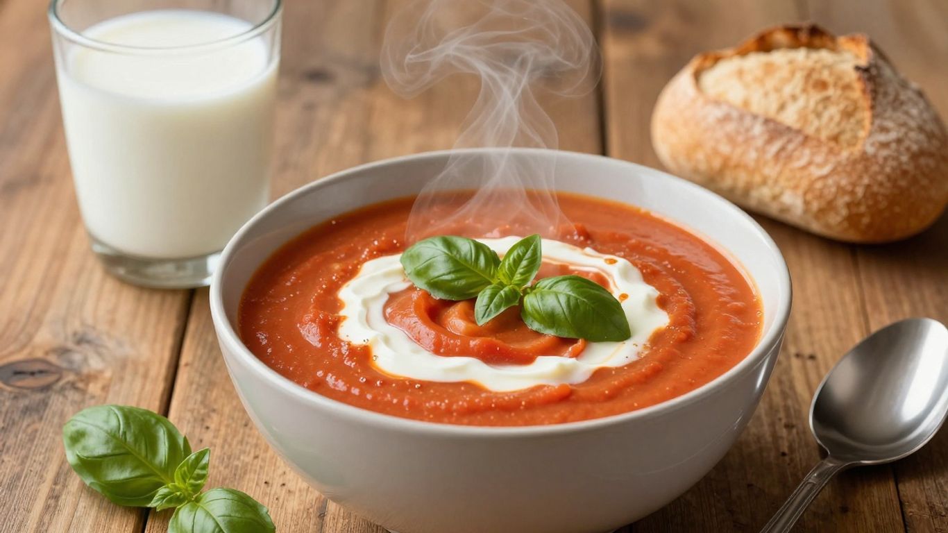 Bowl of creamy tomato soup with basil and bread.
