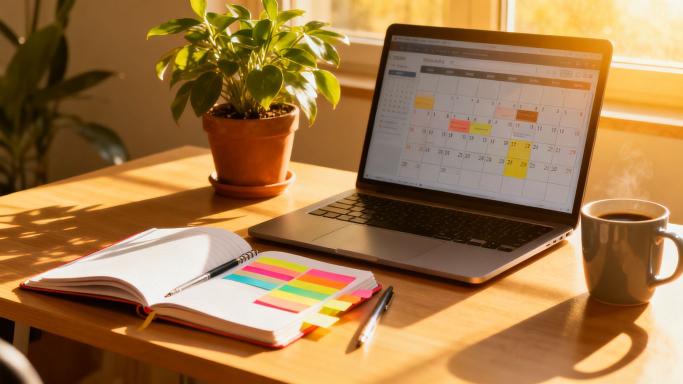 Desk with laptop, calendar, notebook, and plant.