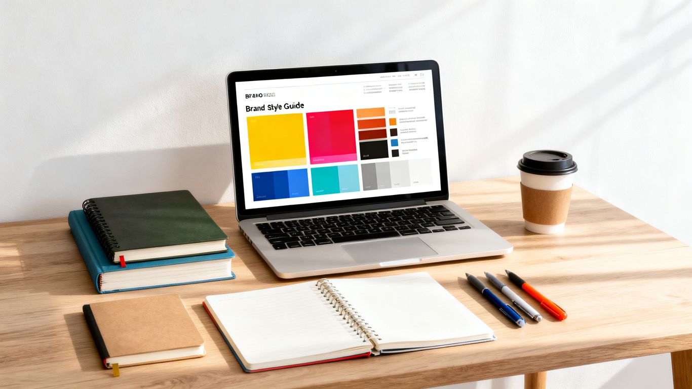 Brand book style guide on a laptop screen.