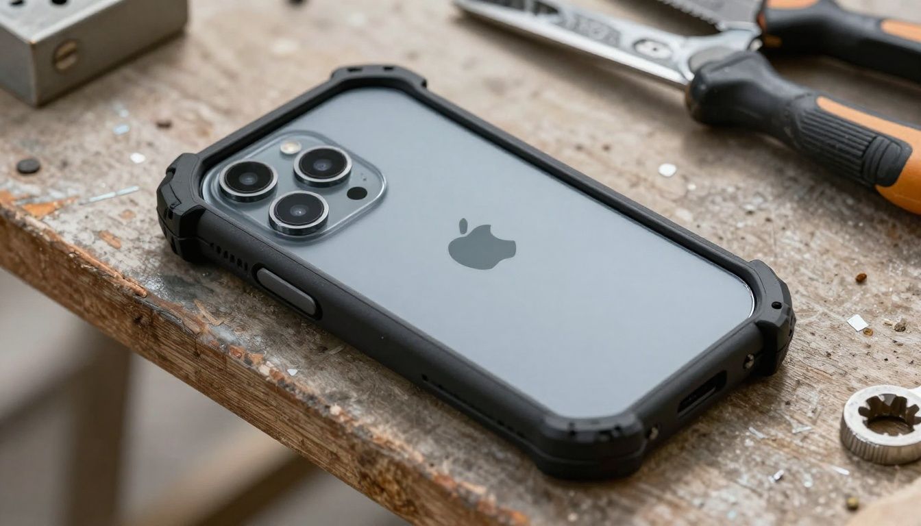 Someone working on a construction site in Melbourne places their iPhone 15 Pro Max, housed in a rugged, dust-proof case, on a workbench next to their tools.