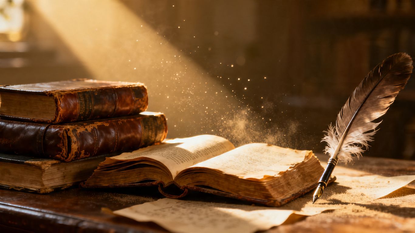 Stack of old historical novels with a quill pen.