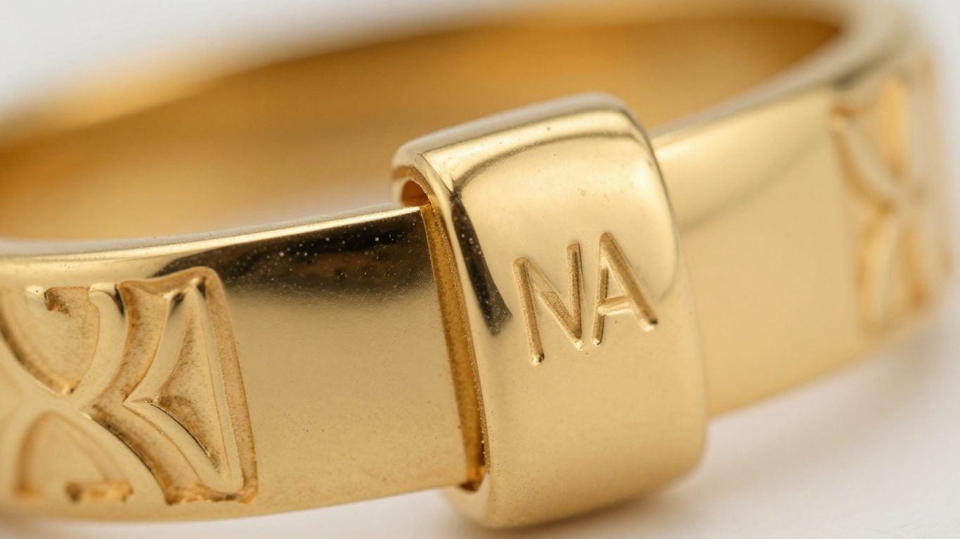 Close-up of hallmarked gold jewellery with hallmark stamp.
