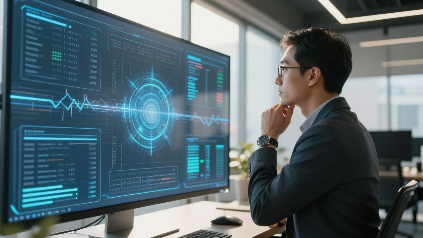 Especialista em SEO olhando para dados digitais futuristas