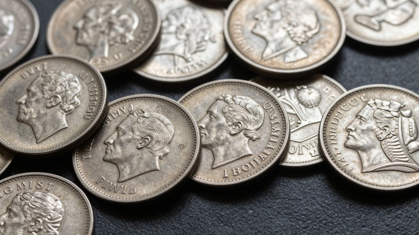 Close-up of various tarnished silver coins with visible details.