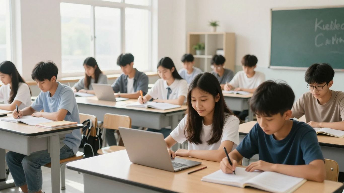 Estudiantes aprendiendo en un centro educativo moderno y luminoso.