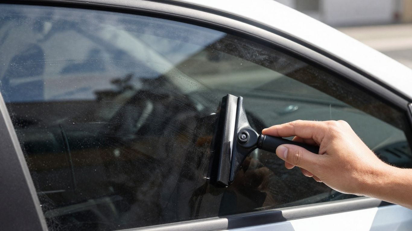 Car window tinting process with squeegee and film.