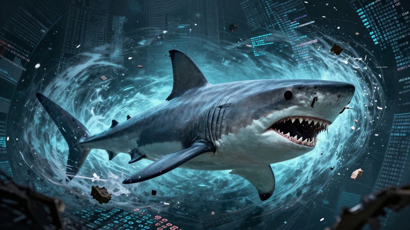 Megalodon shark attacking GitHub repositories with digital code.
