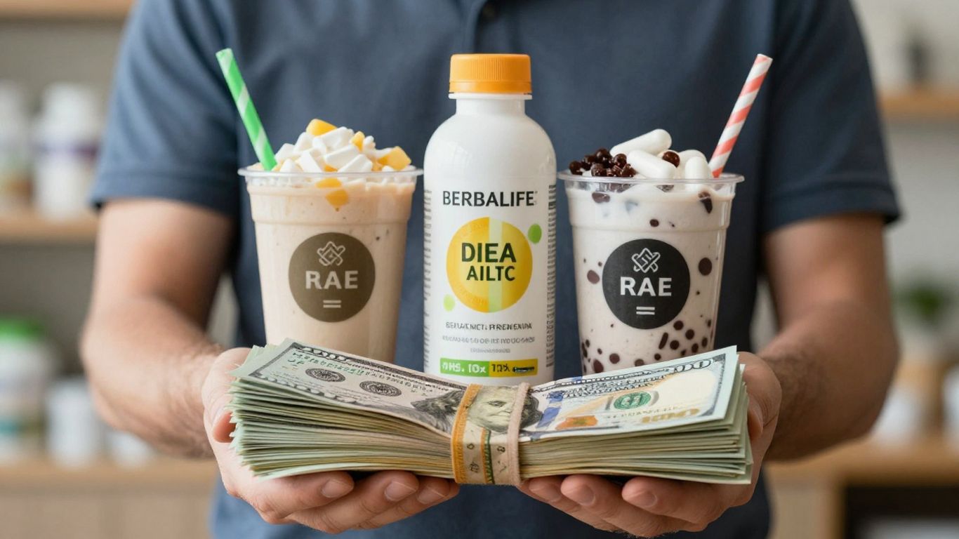 Herbalife products and cash symbolizing income potential.