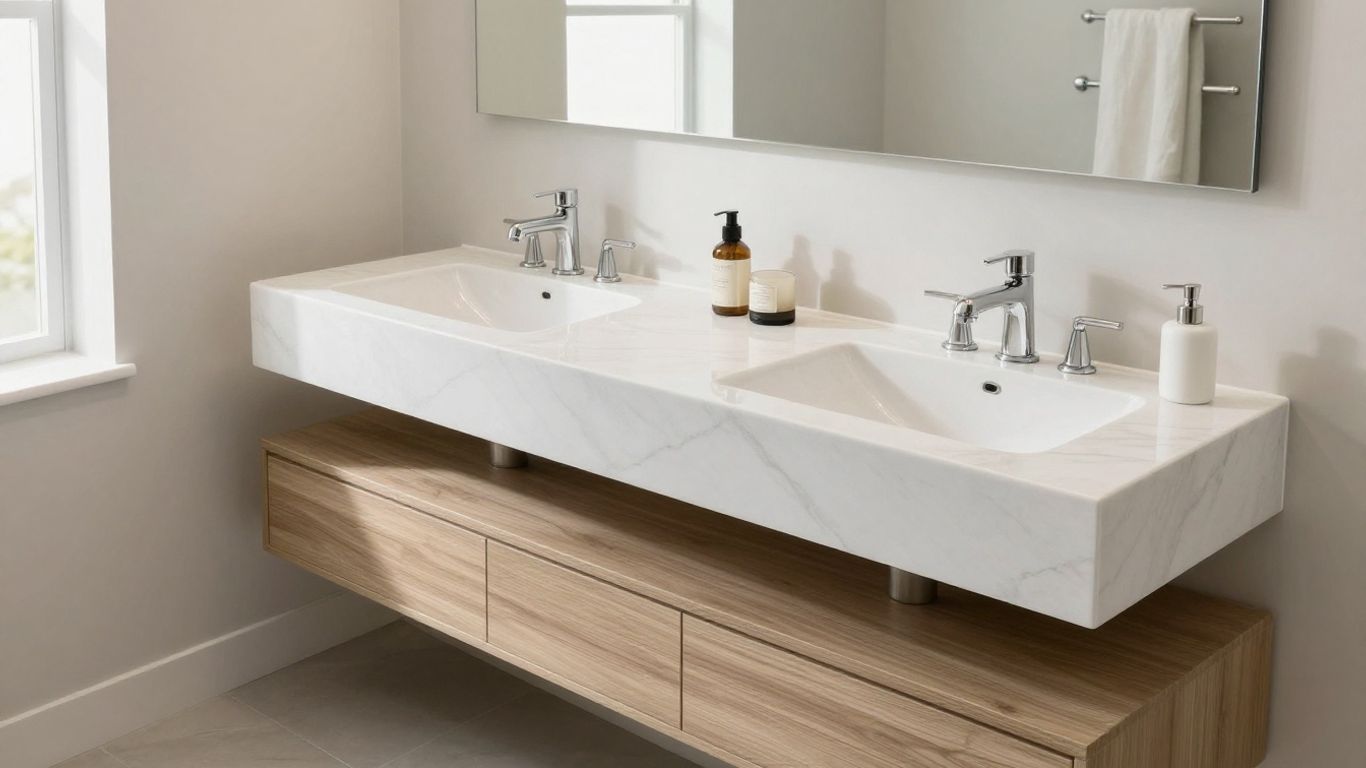 Modern bathroom layout with white marble and gold fixtures